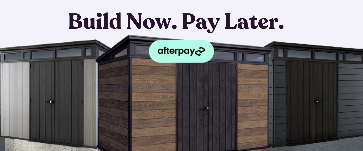 3 Keter sheds with Afterpay logo introducing Build Now Pay Later