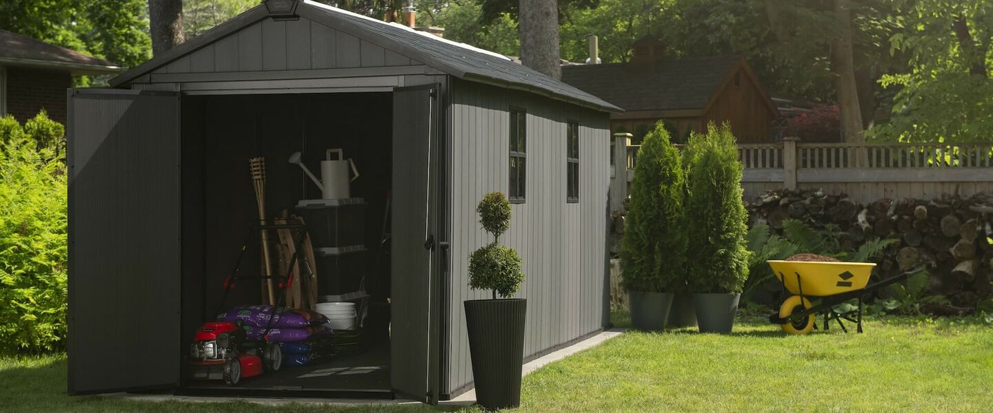 inside view of a lawn mower garden storage shed