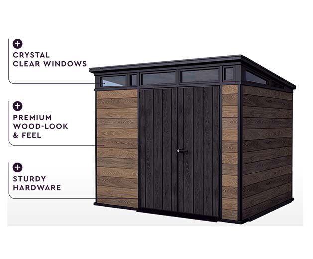 Keter shed brown with features like clear windows, premium wood-look and sturdy hardware