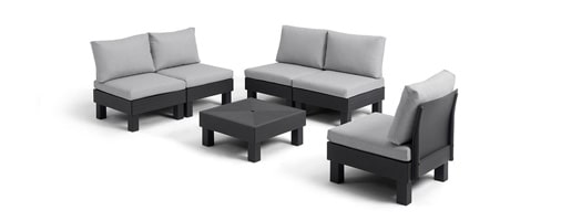Sofá modular con configuración formada por 2 sofás de 2 plazas con respaldo, sin reposabrazos + 1 sillón individual con respaldo y sin reposabrazos + mesa baja