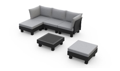 Sofá modular con configuración formada por sofá de 3 plazas con un reposabrazos lateral+ 1 banqueta con cojín sin respaldo ni reposabrazos + mesa baja