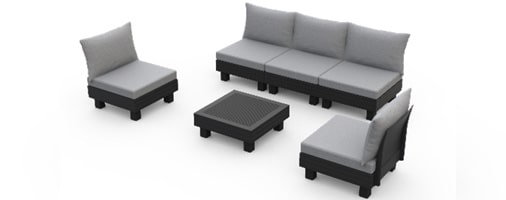 Sofá modular con configuración formada por sofá de 3 plazas+ 2 sillones individuales con respaldo + mesa